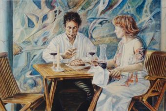Auf der Terrasse , Öl auf Leinwand , 80 x 120 cm , © 2003 Heino Karschewski