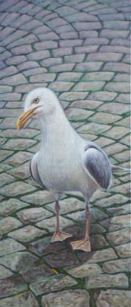 Möwe auf dem Pflaster , Öl auf Leinwand , 115 x 50 cm , ©2013 Heino Karschewski