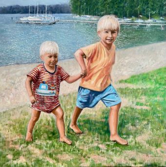 Zwei Kinder am See , Öl auf Leinwand , 70 x 70 cm , © 2023 Heino Karschewski