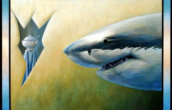 Im Auge des Betrachters 2 (weisser Hai) , Öl/Lwd , 130 x 200 cm , © 2008 Heino Karschewski