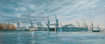 Hafen Hamburg 1, Öl auf Leinwand , 30 x 70 cm , ©2017 Heino Karschewski