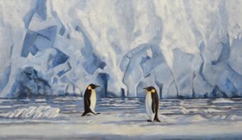 Pinguine im Gespräch , Öl auf Leinwand , 70 x 120 cm , ©2020 Heino Karschewski