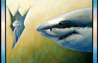 Im Auge des Betrachters 2 (weisser Hai) , Öl/Lwd , 130 x 200 cm , © 2008 Heino Karschewski